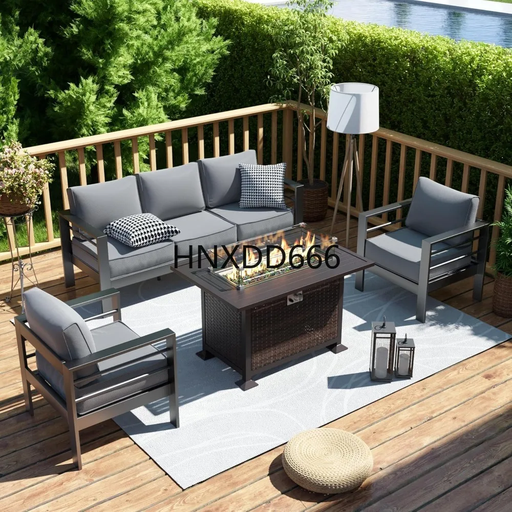 Outdoor Furniture And Fire Pit - Tuinmeubelset met vuurtafel, 6-delige aluminium buitenbankset,