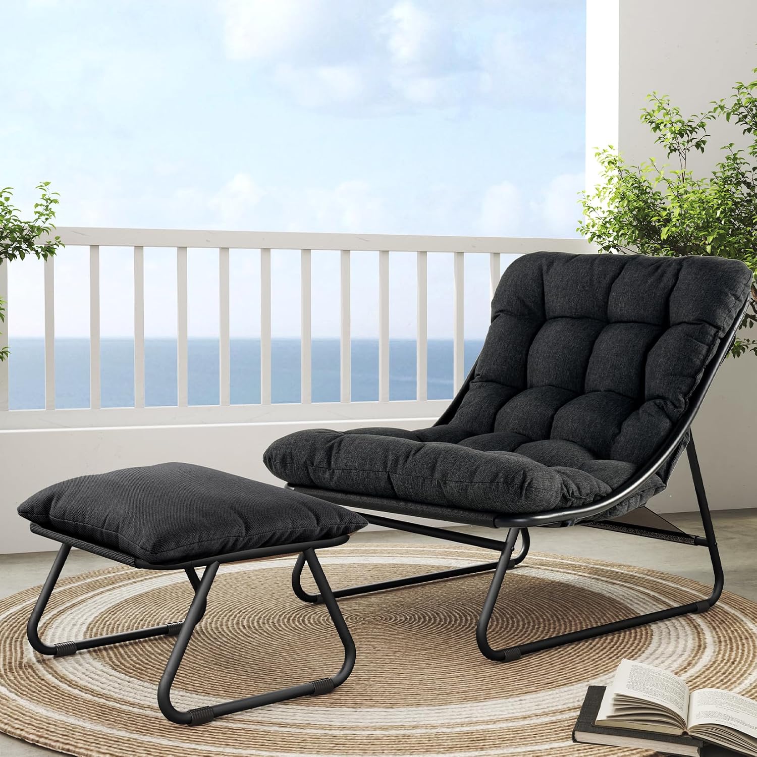 Outdoor Furniture Metal Chairs - Buitenloungestoel met voetensteun & kussen, donkergrijs