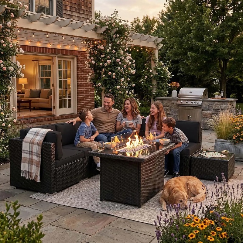 Outdoor Furniture And Fire Pit - 8-delige patio wicker sectionele bankset met