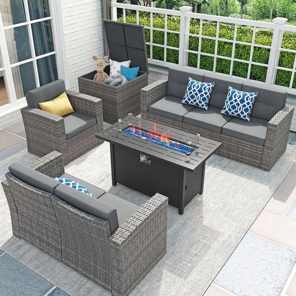 Outdoor Furniture Fire Table - 8-delige tuinmeubelenset met 45 inch vuurtafel,