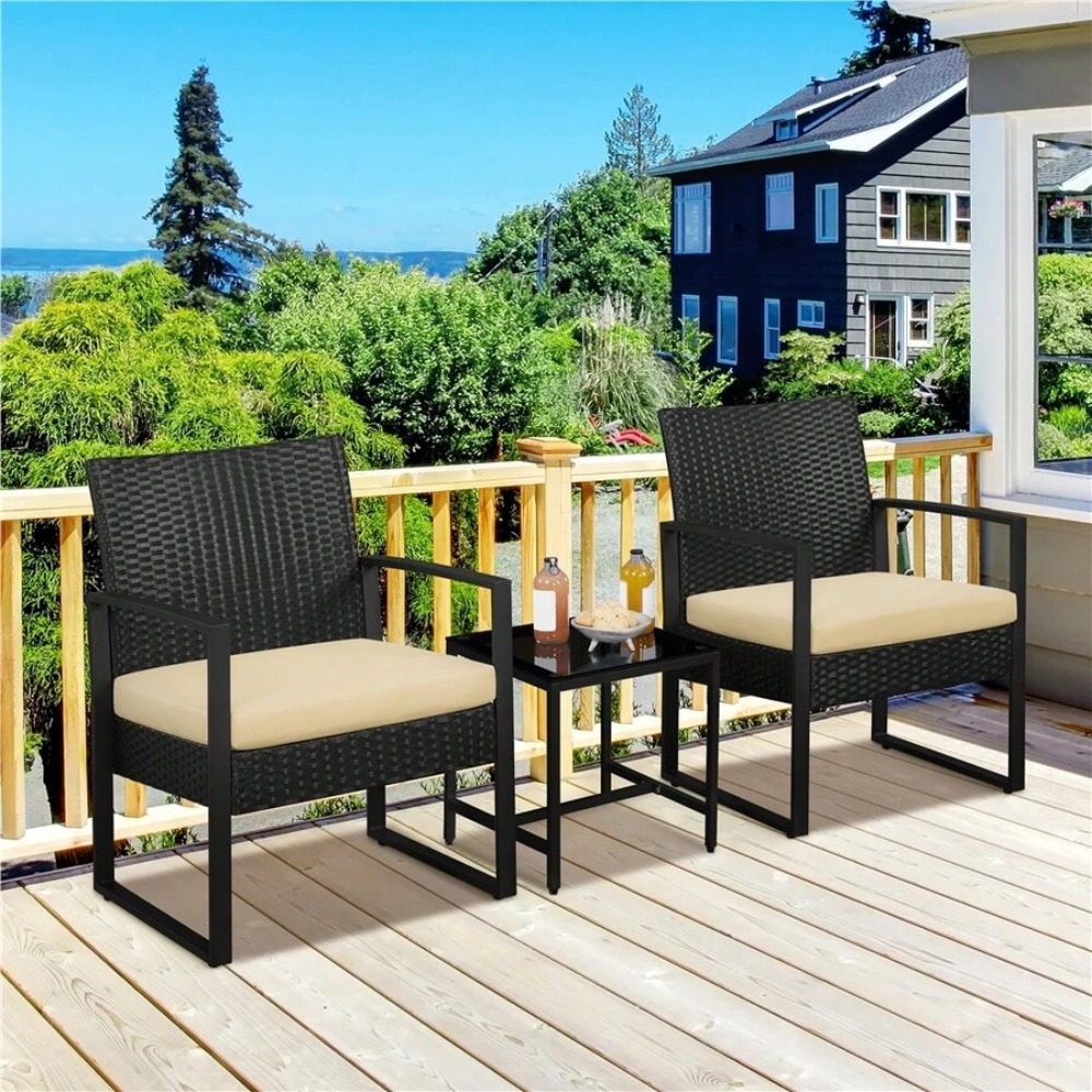 Outdoor Furniture Metal Chairs - 3-delige buitenmeubelset van wicker met 2