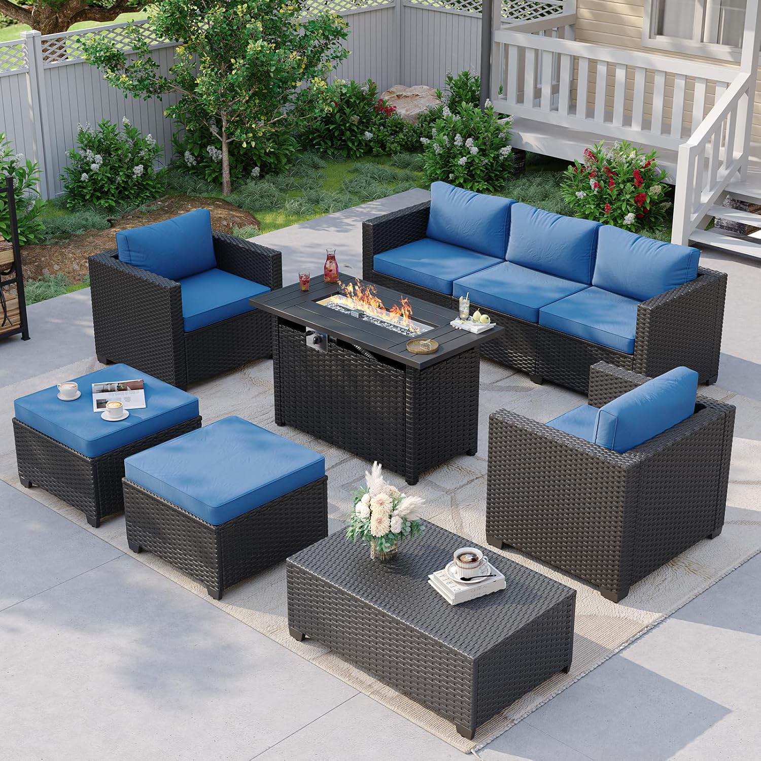 Outdoor Furniture And Fire Pit - Navyblauwe buitenbank met vuurtafel en opbergruimte,