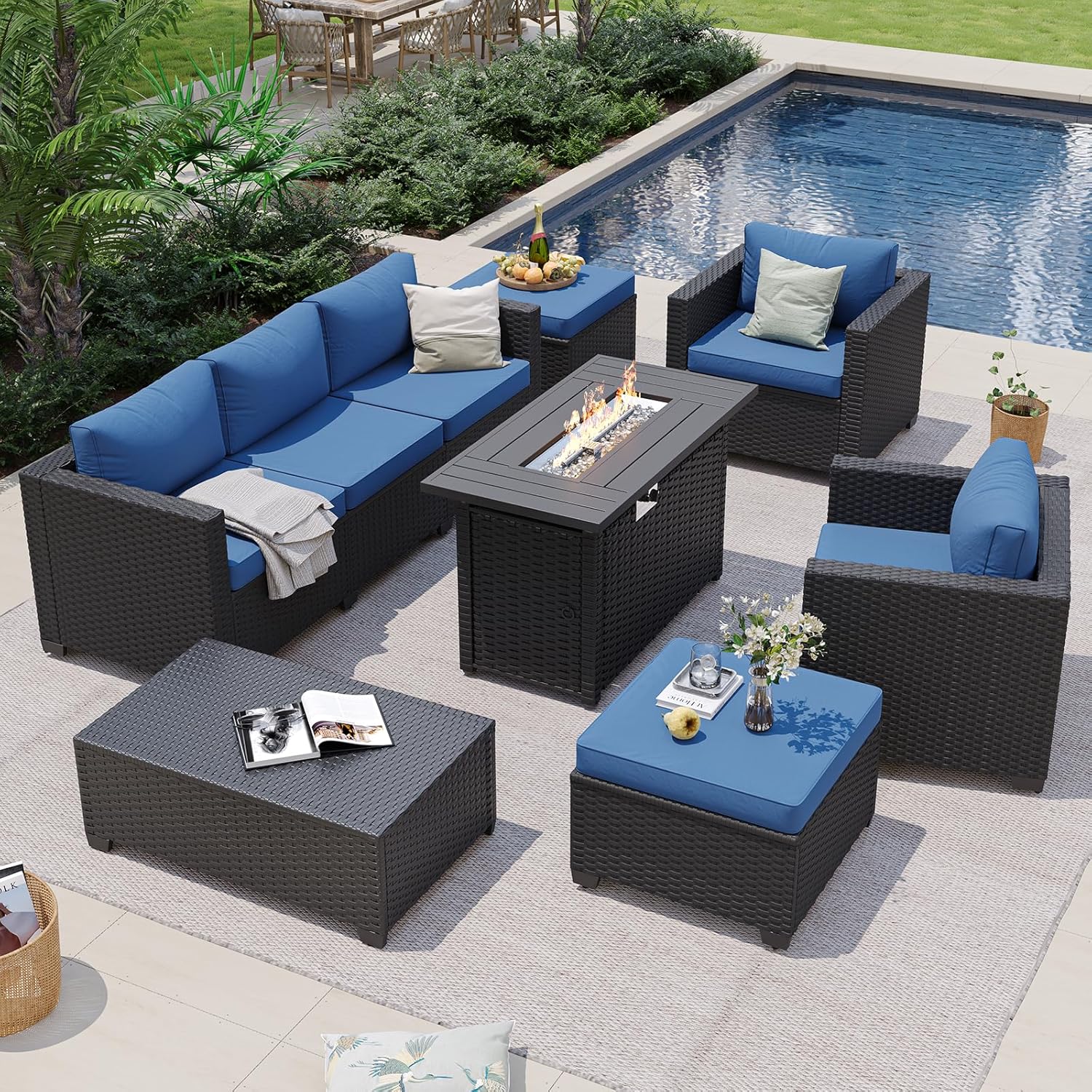 Navyblauwe buitenbank met vuur - Outdoor Furniture And Fire Pit recensie en prijs
